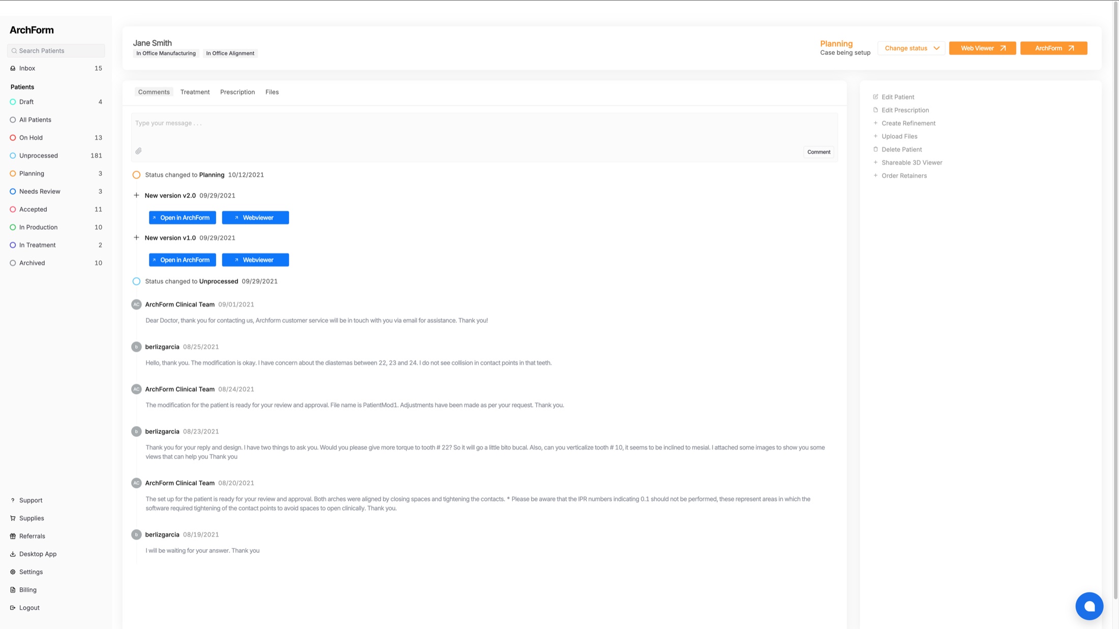 Patient case workspace for Jane Smith showing comment thread, status history, setup versions with Web Viewer and ArchForm links, and action panel