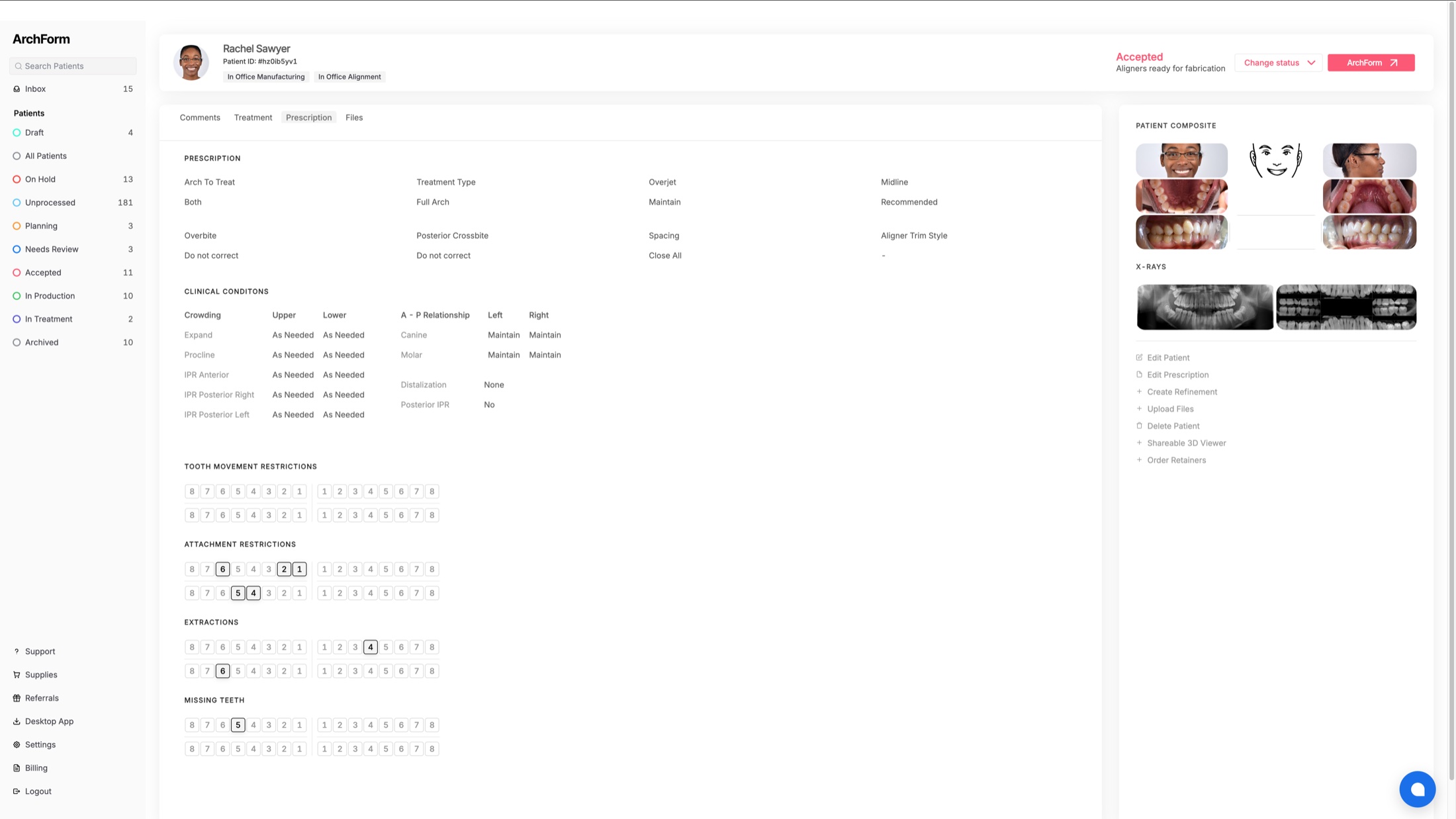 Prescription form for Rachel Sawyer showing treatment parameters, clinical conditions, tooth movement restrictions, and patient composite photos