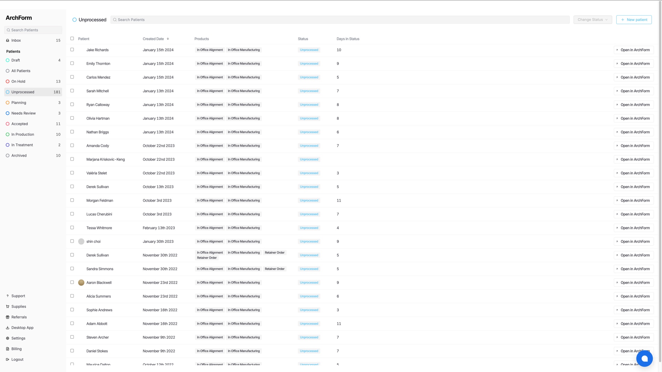 Patient queue showing unprocessed cases with status badges, aging in days, and product types across a full-width table